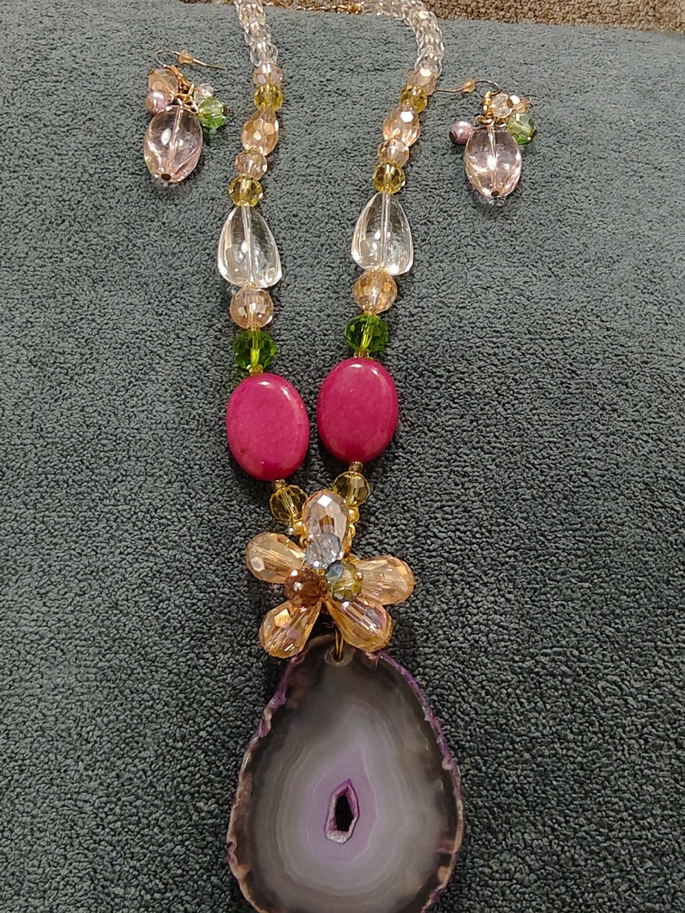 Pink & Green Beaded Agate Pendant Necklace with Floral Accent
